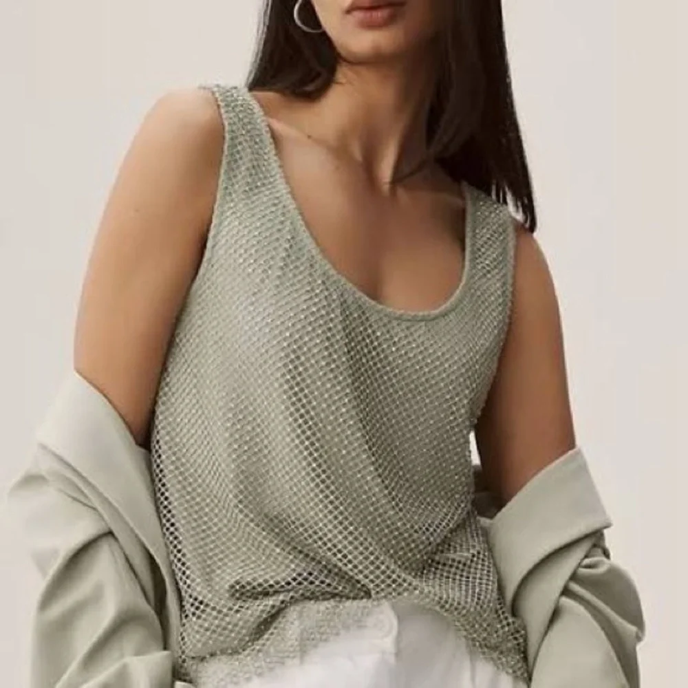 Anthropologie Sunday in Brooklyn Sage Mesh Rhinestone Tank Top - Picture 1 of 9